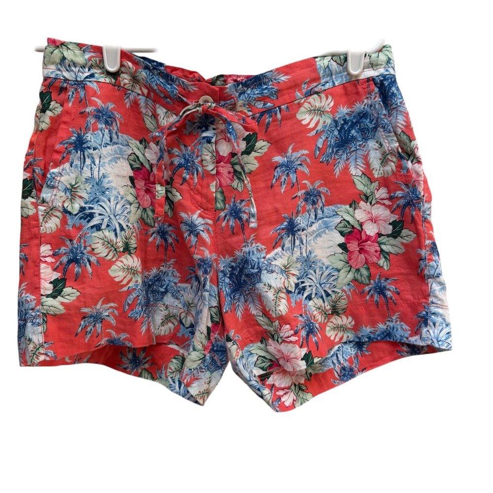 Tommy Bahama Womens Coral Red Tropical Floral Linen Shorts Size Small Drawstring